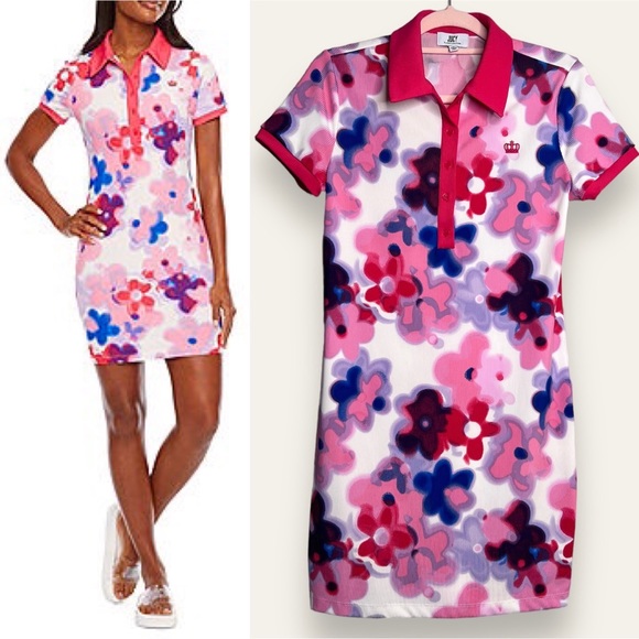 Juicy By Juicy Couture Bodycon Shirt Dress Medium Psychedelic 70s Pink Floral - Picture 1 of 15